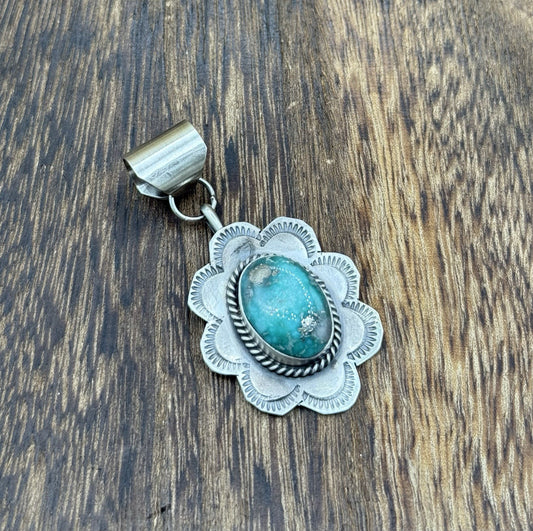 Navajo Handmade Sterling Silver Blue Bird Turquoise Stamped Design Drop Pendant