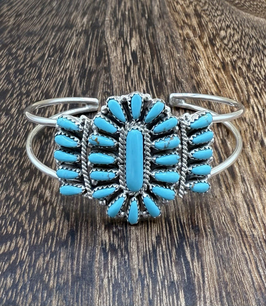 Navajo Handmade Sterling Silver Turquoise Traditional Cluster Cuff Bracelet