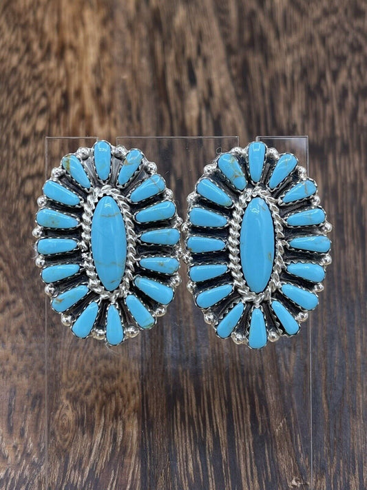 Native American Navajo Handmade Sterling Silver Turquoise Cluster Stud Earrings