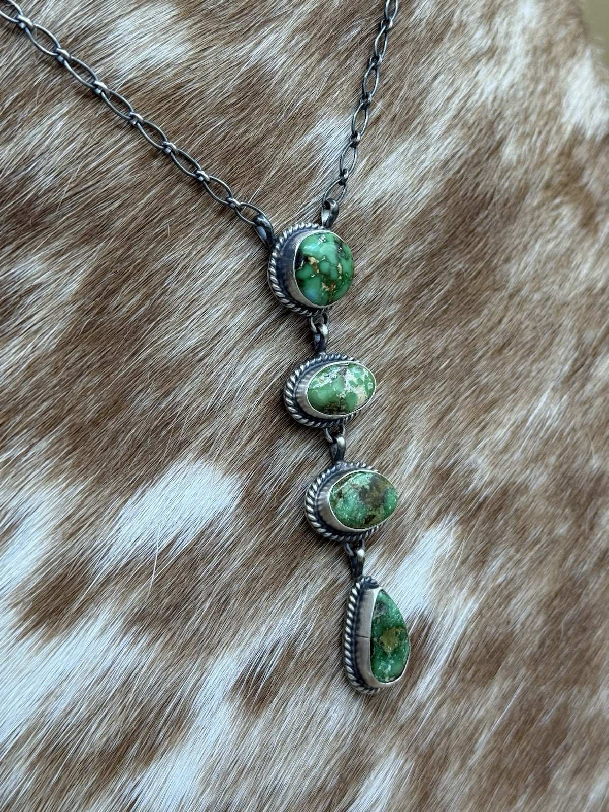 Navajo Handmade Sterling Silver Sonoran Gold Turquoise Lariat Bar Necklace 18”