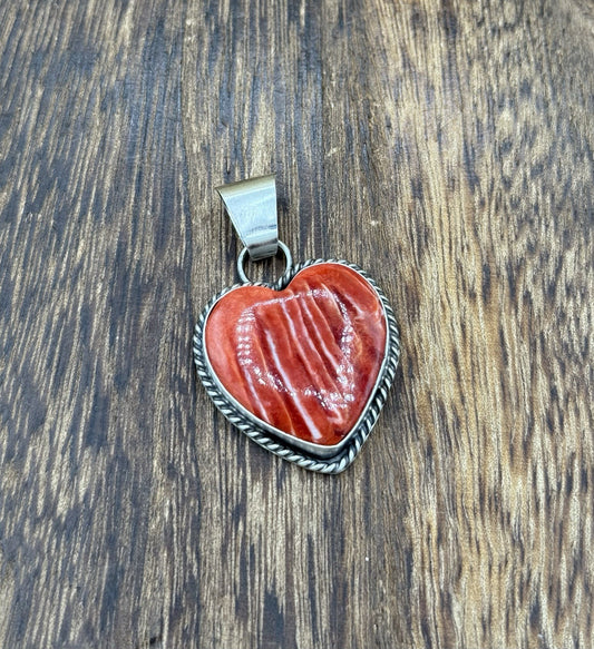 Navajo Handmade Sterling Silver Red Spiny Oyster Shell Heart Shaped Pendant