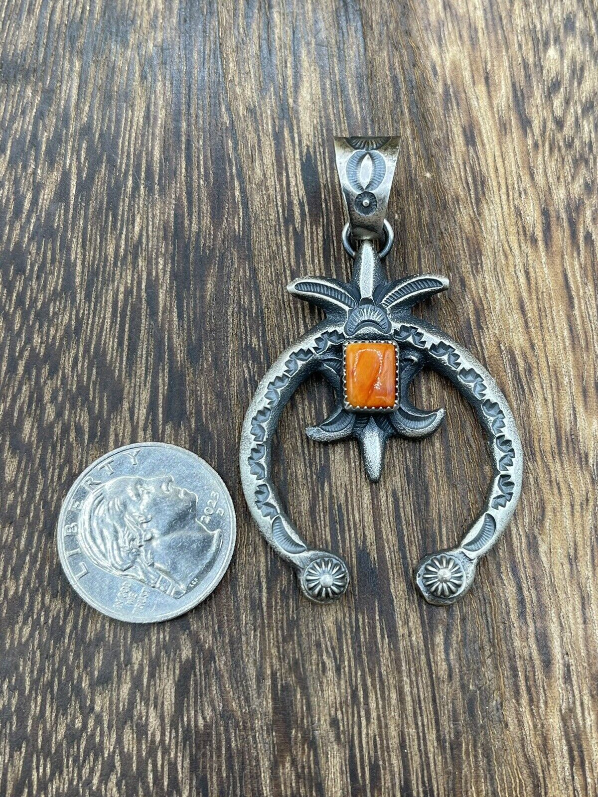 Native American Indian Navajo Handmade Silver Old Look Spiny Oyster Naja Pendant