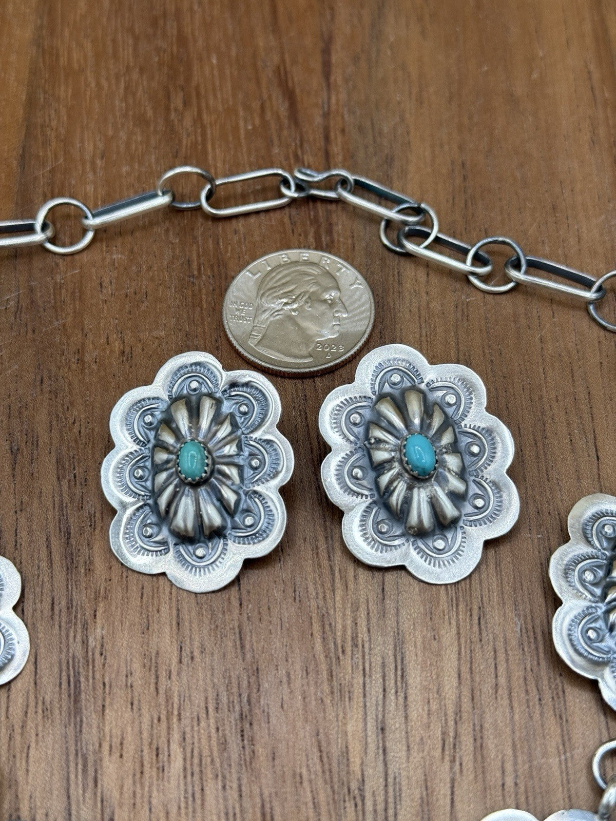 Navajo Handmade Sterling Silver Stamped Concho Turquoise Lariat Necklace Set 20”