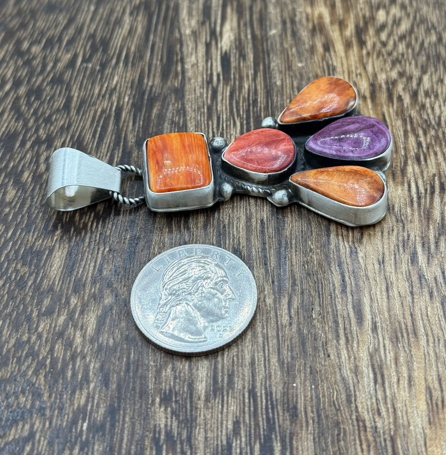 Native Navajo Handmade Sterling Silver Multi Spiny Oyster Shell Cluster Pendant