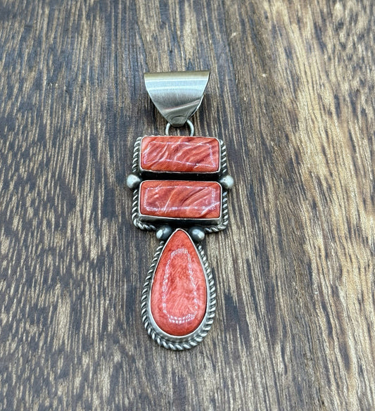 Navajo Handmade Sterling Silver Orange Spiny Oyster  Cluster Drop Pendant