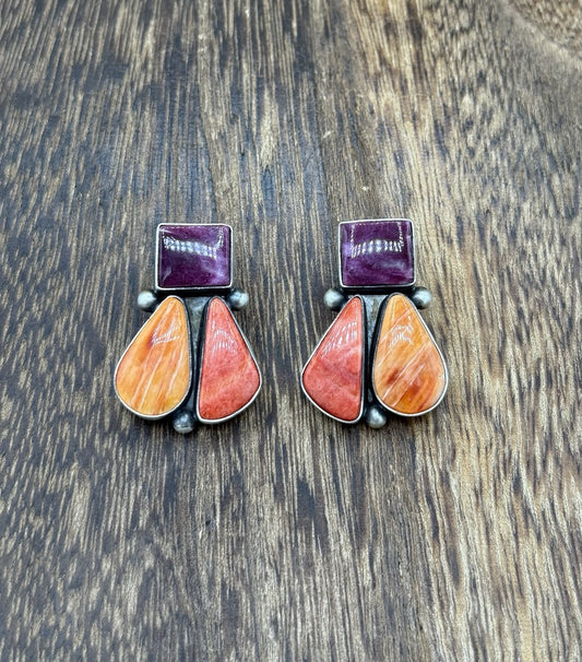 Navajo Handmade Sterling Silver Multi Color Spiny Oyster Shell Cluster Earrings