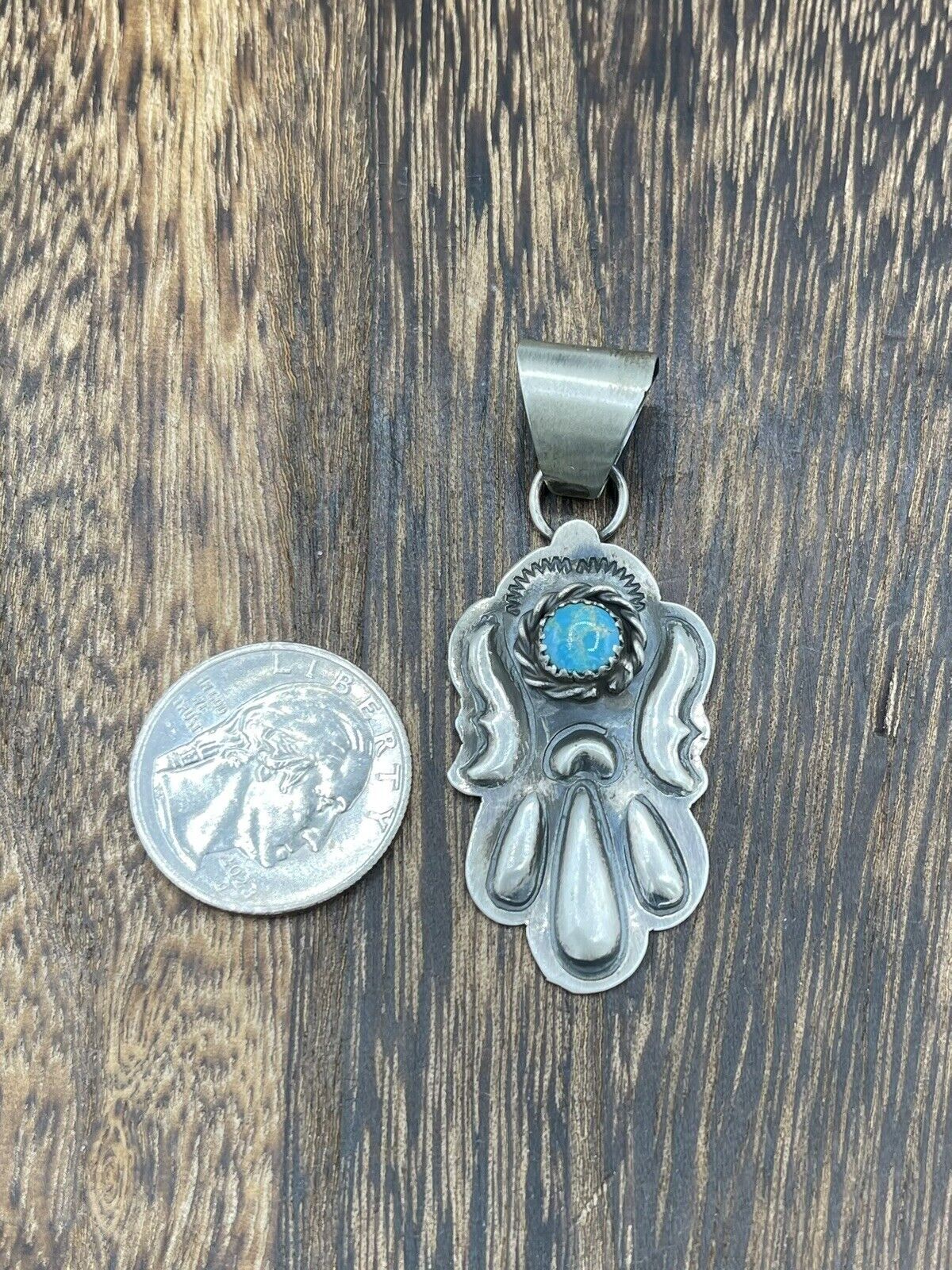 Native American Sterling Silver Navajo Handmade Old Look Turquoise Pendant