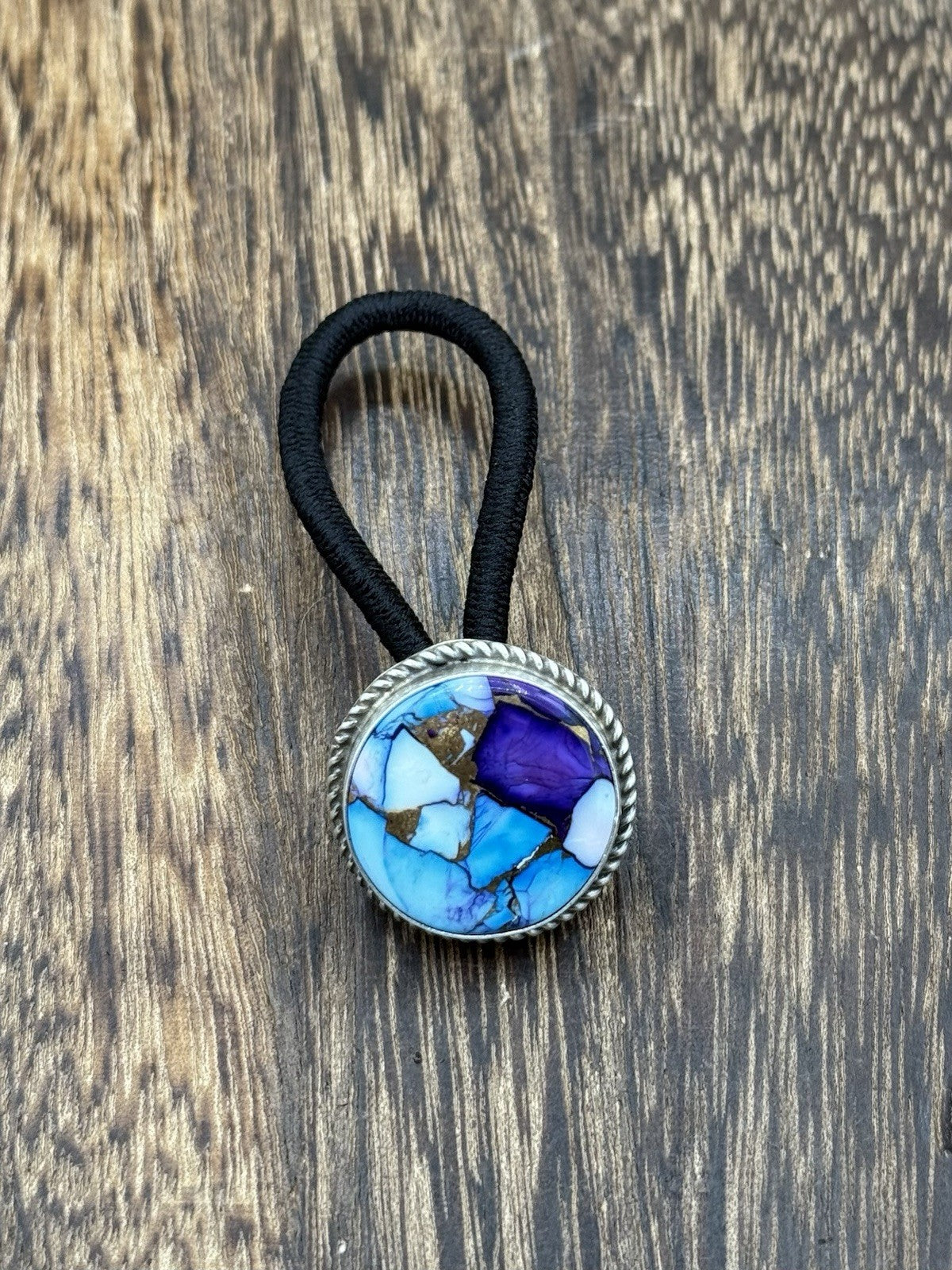 Native Navajo Handmade Sterling Silver Violet Rose & Blue Dahlia Hair Tie