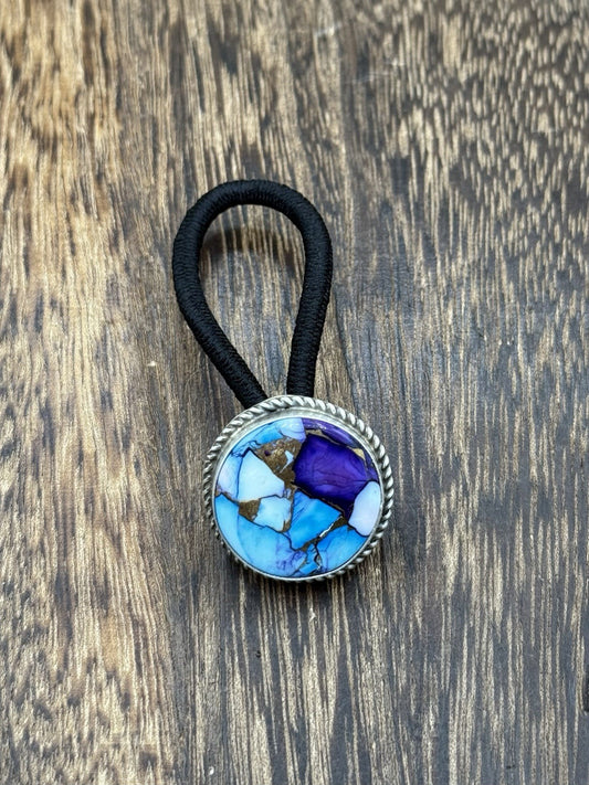 Native Navajo Handmade Sterling Silver Violet Rose & Blue Dahlia Hair Tie