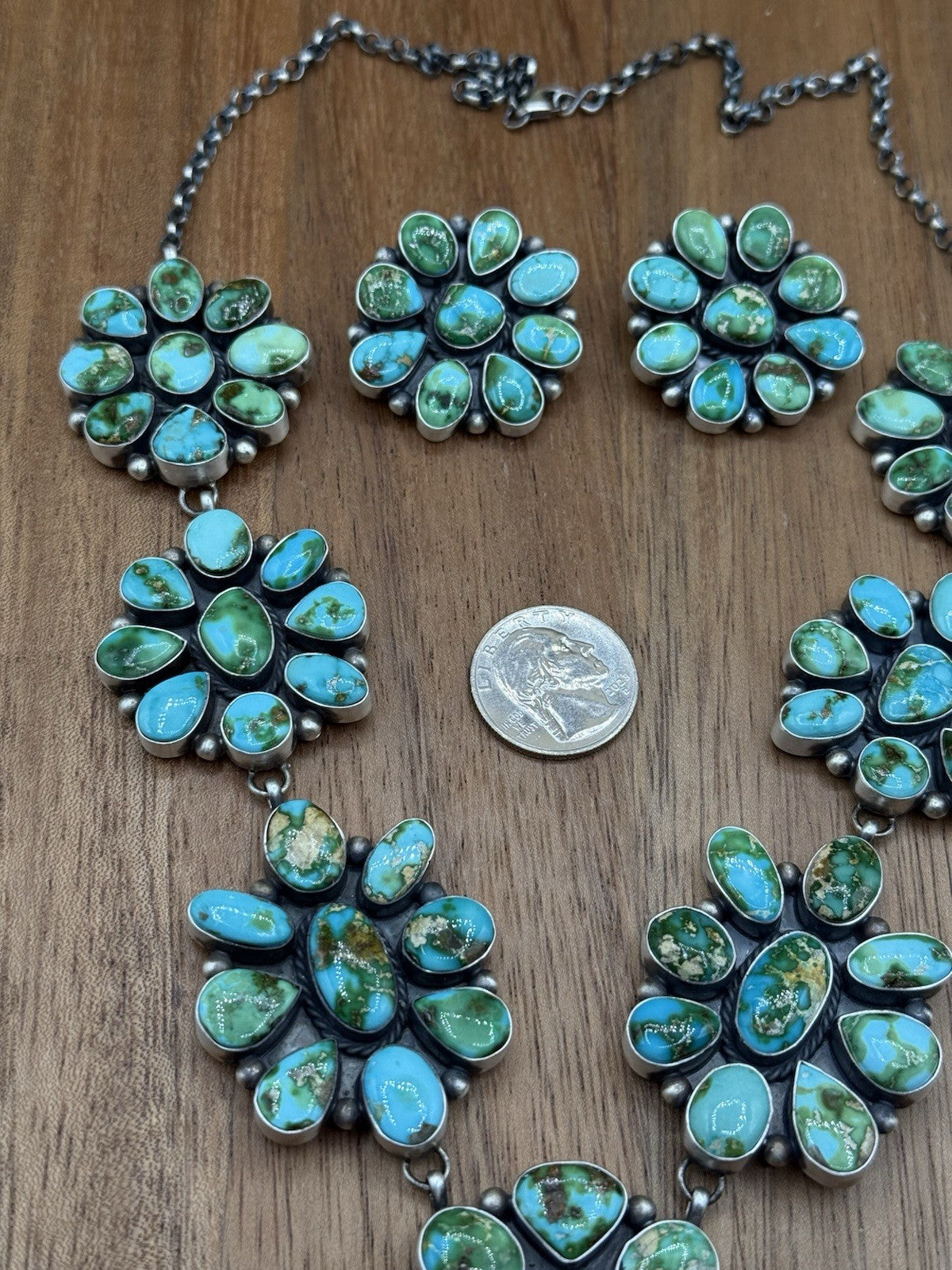 Navajo Handmade Sterling Silver Sonoran Turquoise Cluster Lariat Necklace 24”