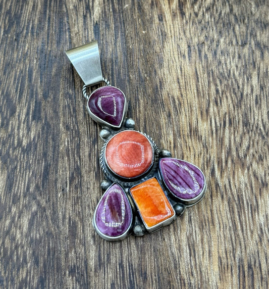 Native Navajo Handmade Sterling Silver Multi Spiny Oyster Shell Cluster Pendant