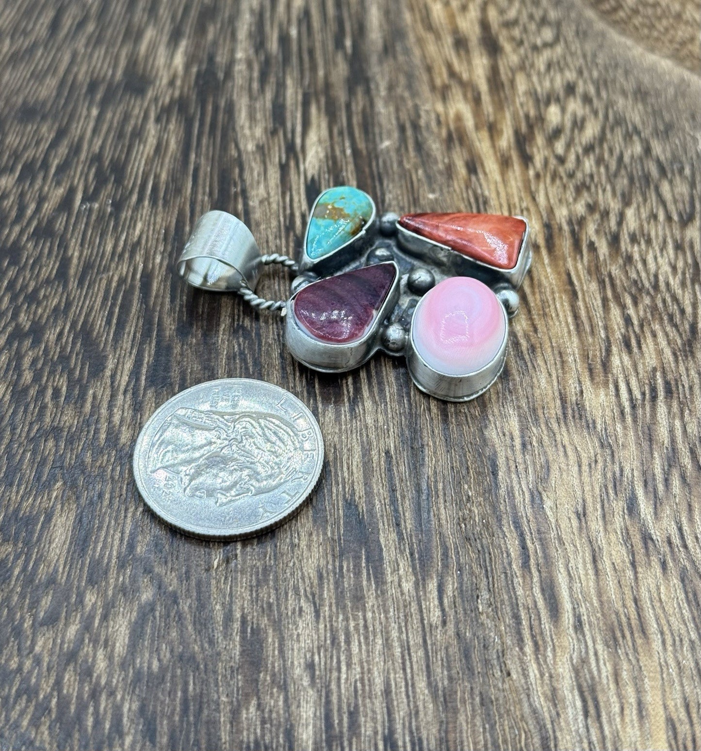 Navajo Handmade Sterling Silver Multi Color Turquoise Spiny Cluster Pendant