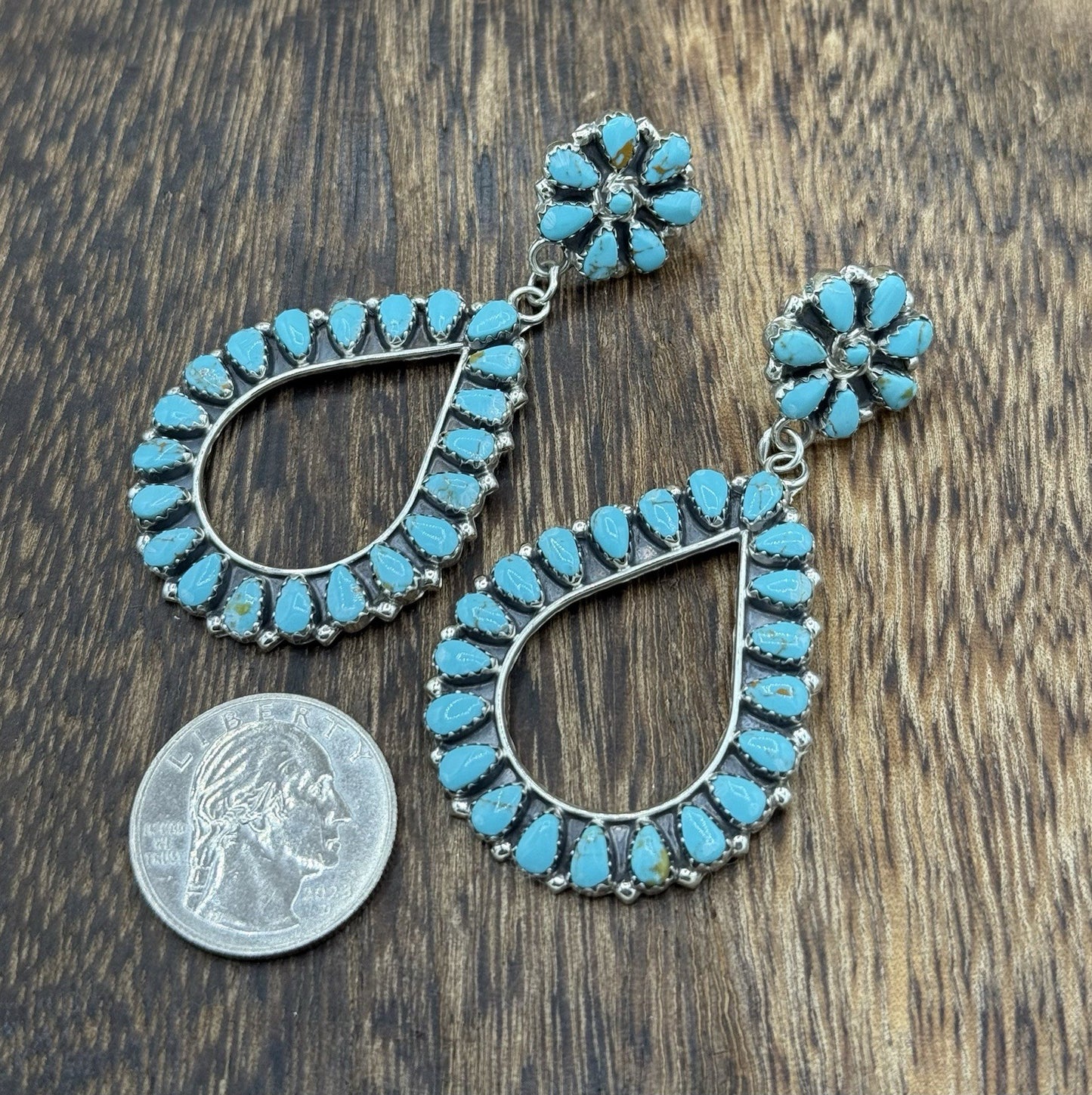 Navajo Handmade Sterling Silver Turquoise Cluster Post Drop earrings Large