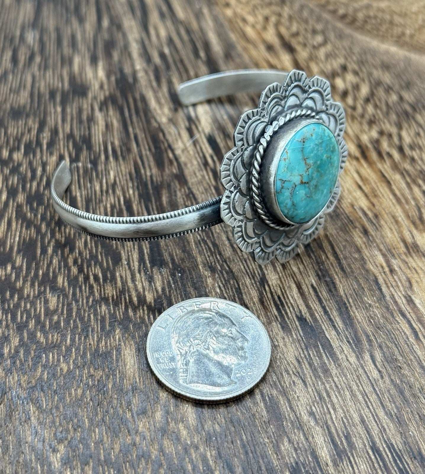 Native Navajo Handmade Sterling Silver Kingman Turquoise Cuff Stamped Bracelet