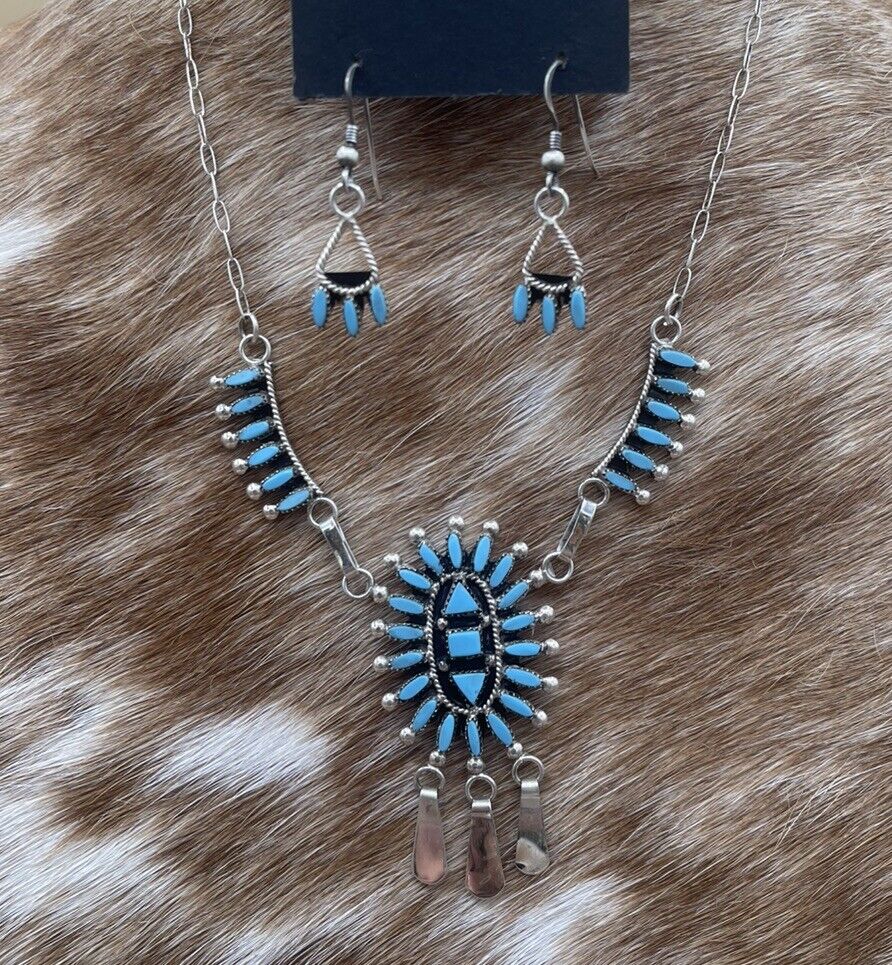 Native American Zuni handmade Silver Turquoise Inlay Needlepoint Necklace 18”