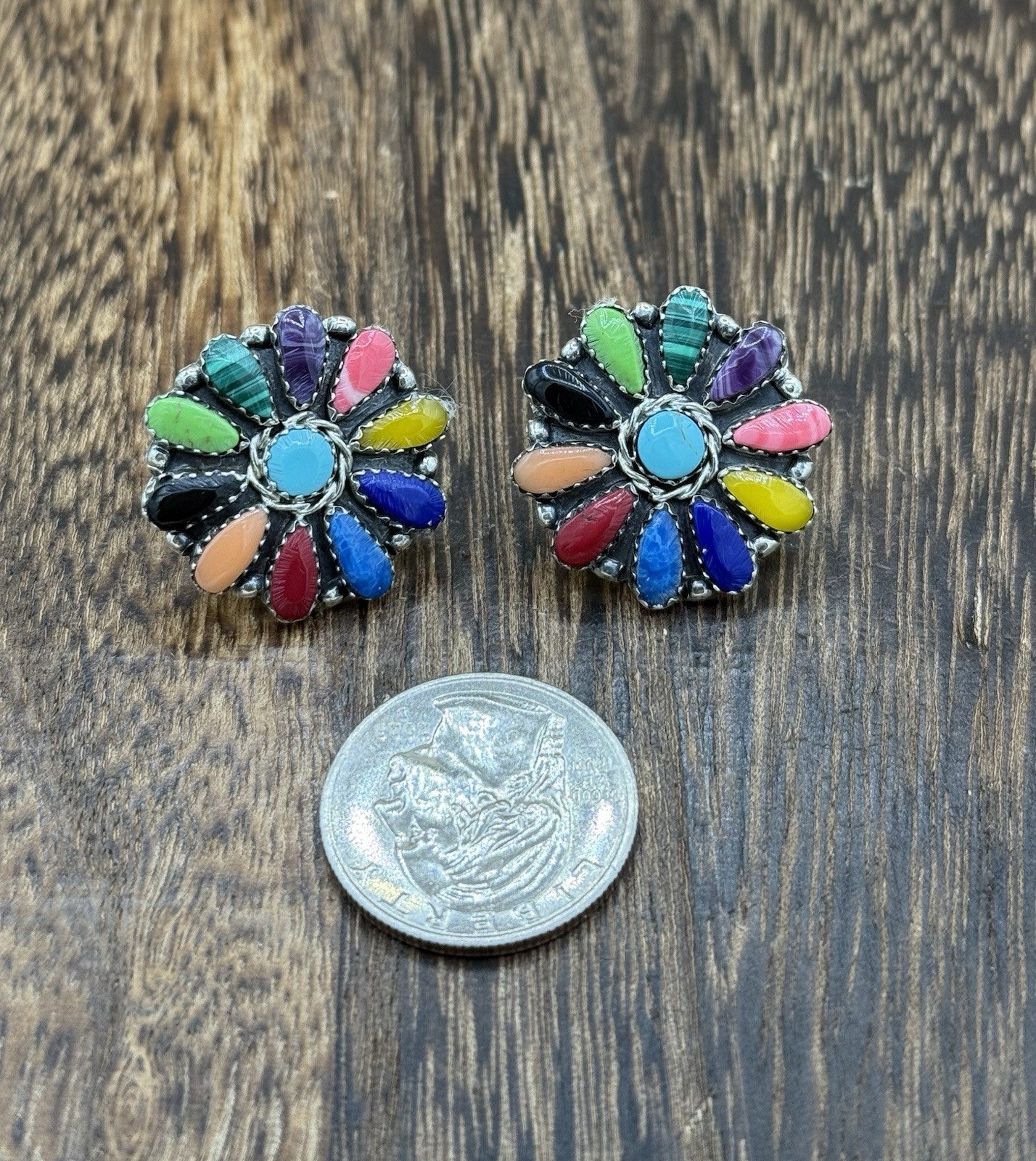 Native American Navajo Handmade Sterling Silver Multicolor Cluster Stud Earrings