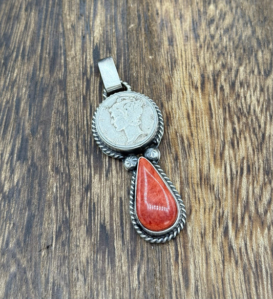 Navajo Handmade Sterling Silver Red Spiny Oyster Shell Liberty Dime Coin Pendant