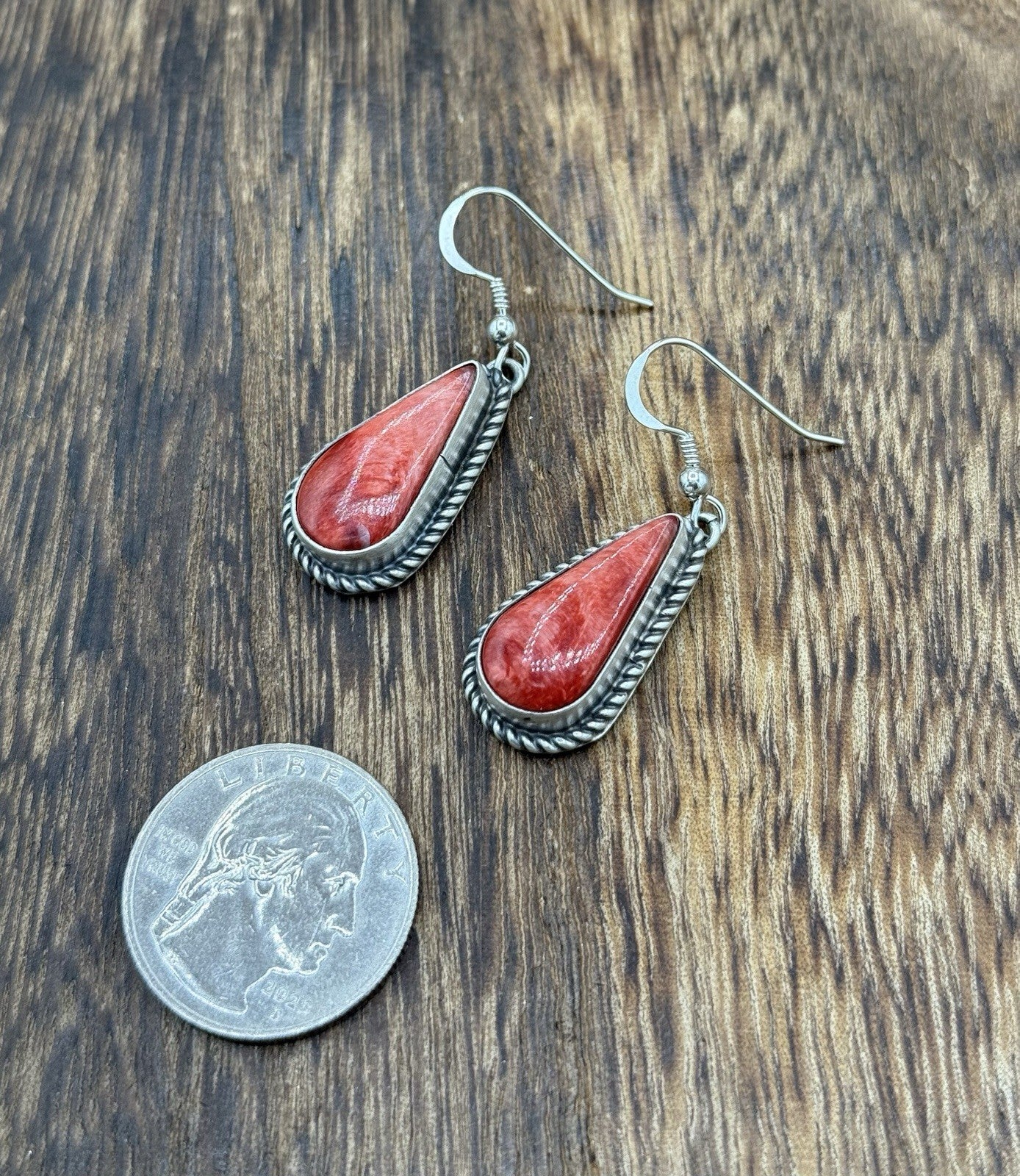 Native Navajo Handmade Sterling Silver Red Spiny Oyster Shell Dangle Earrings