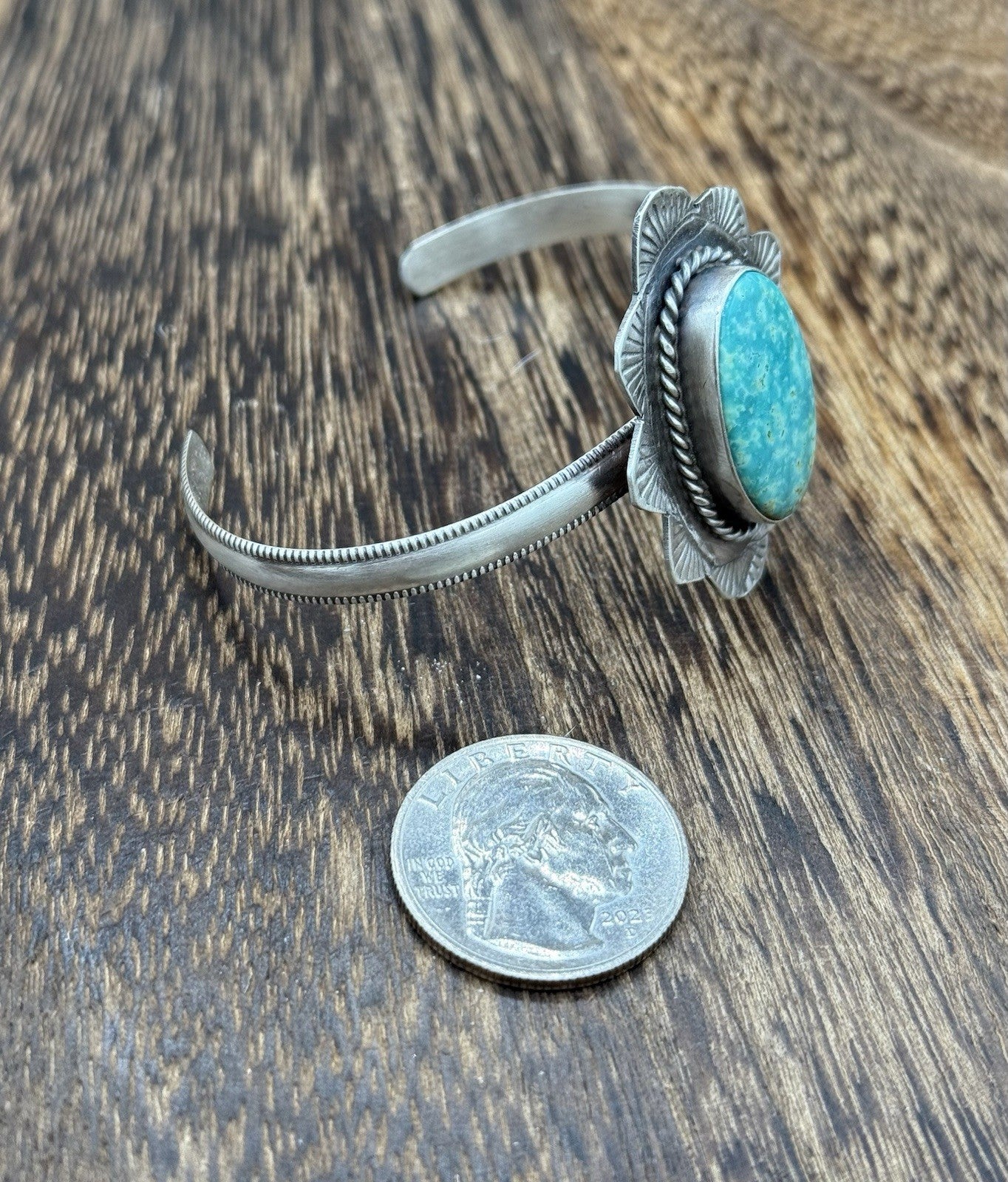 Native Navajo Handmade Sterling Silver Kingman Turquoise Cuff Stamped Bracelet