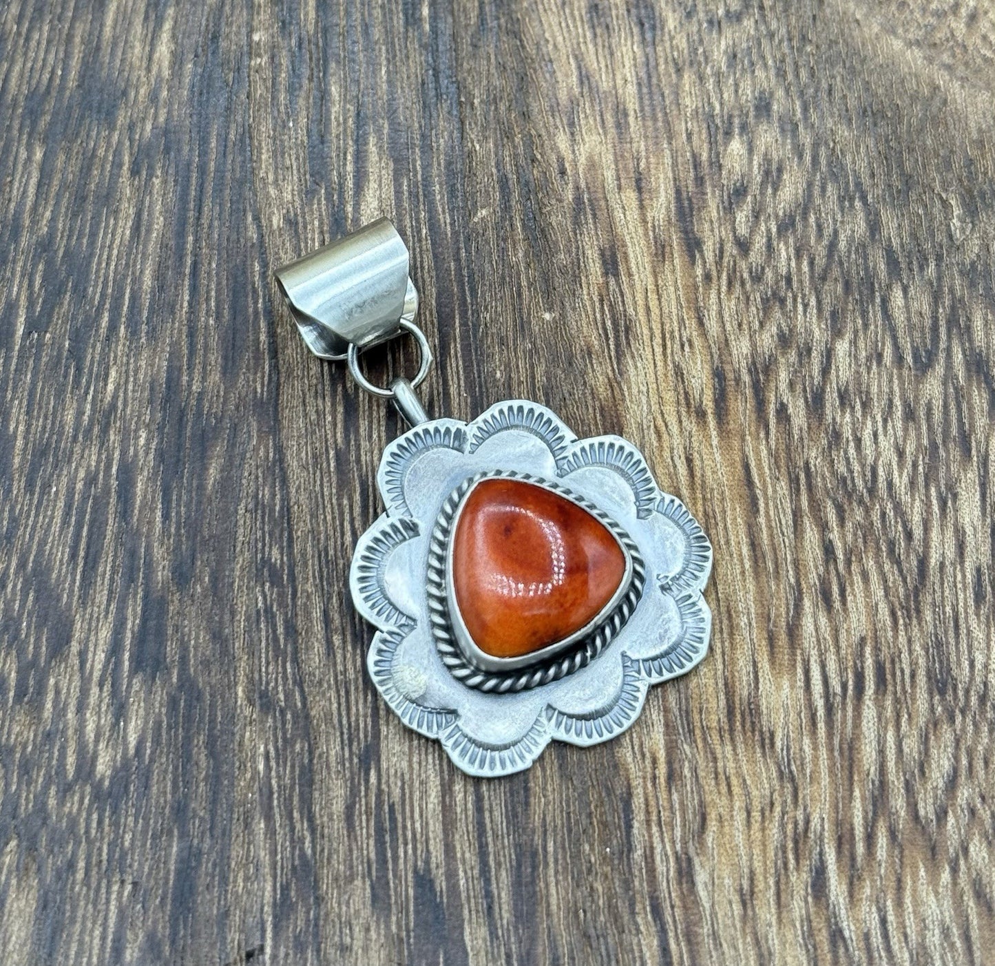 Navajo Handmade Sterling Silver Orange Spiny Oyster Shell Stamped Drop Pendant