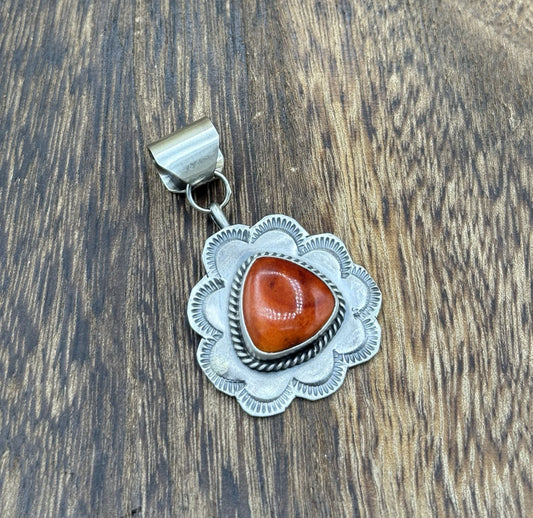 Navajo Handmade Sterling Silver Orange Spiny Oyster Shell Stamped Drop Pendant