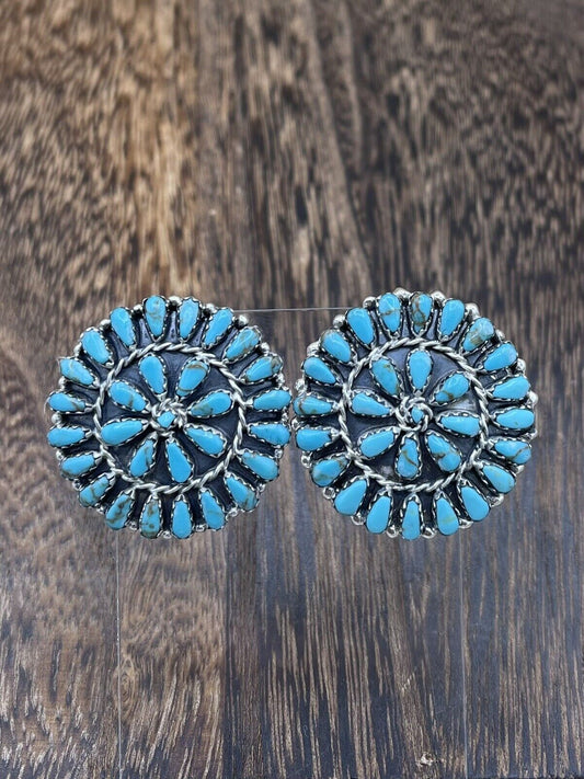 Native American Navajo Handmade Sterling Silver Turquoise Cluster Post earrings