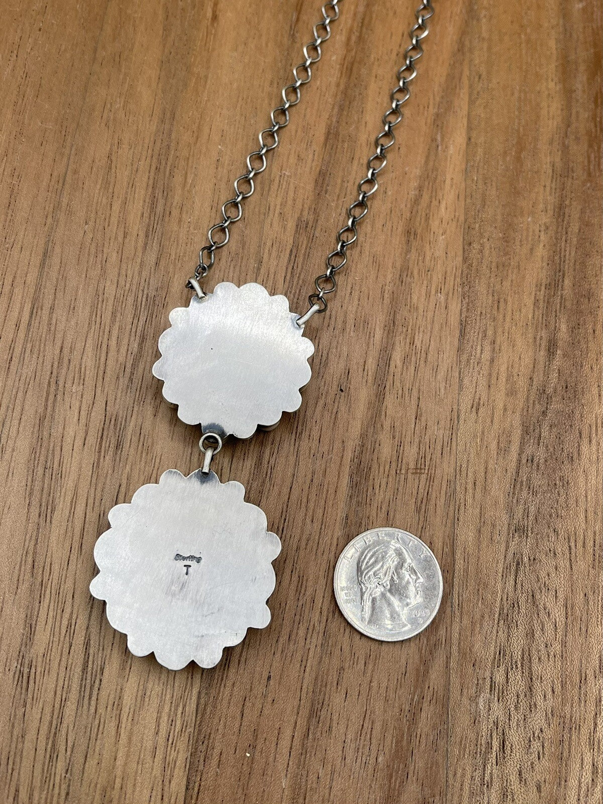 Native American Navajo Handmade Silver Kingman Turquoise Double Cluster Necklace