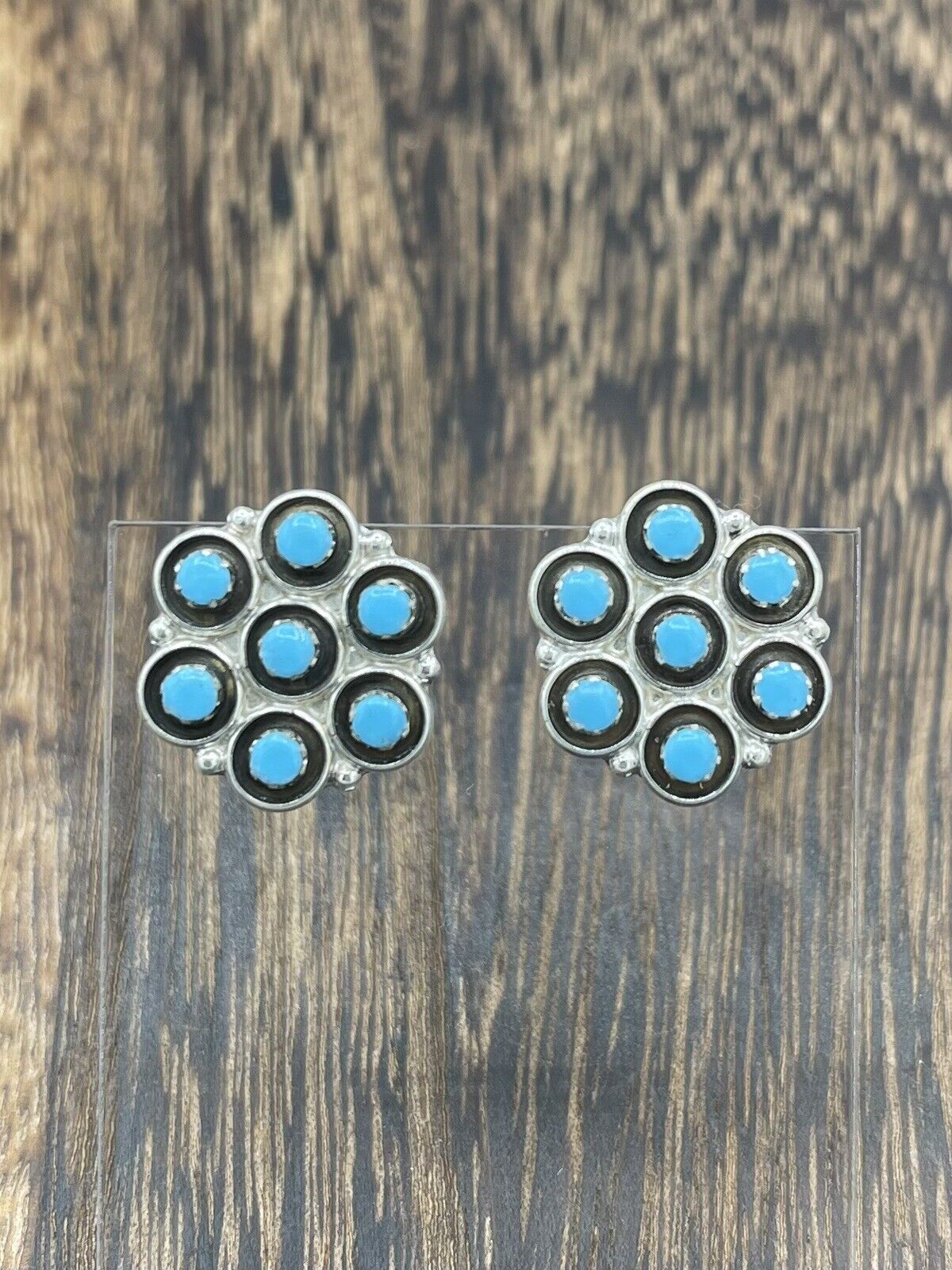 Native American Sterling Silver Zuni Handmade Turquoise Cluster Earrings