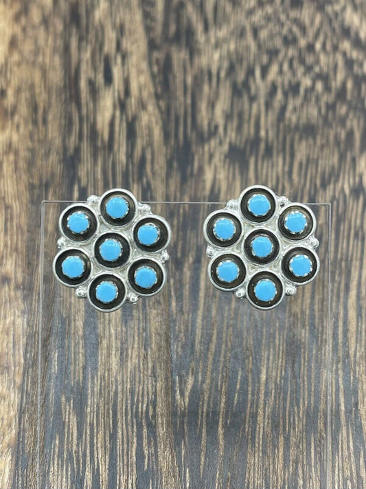 Native American Sterling Silver Zuni Handmade Turquoise Cluster Earrings