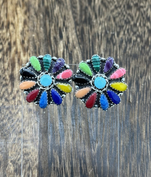 Navajo Handmade Sterling Silver Multi color Cluster Stud Post Round Earrings