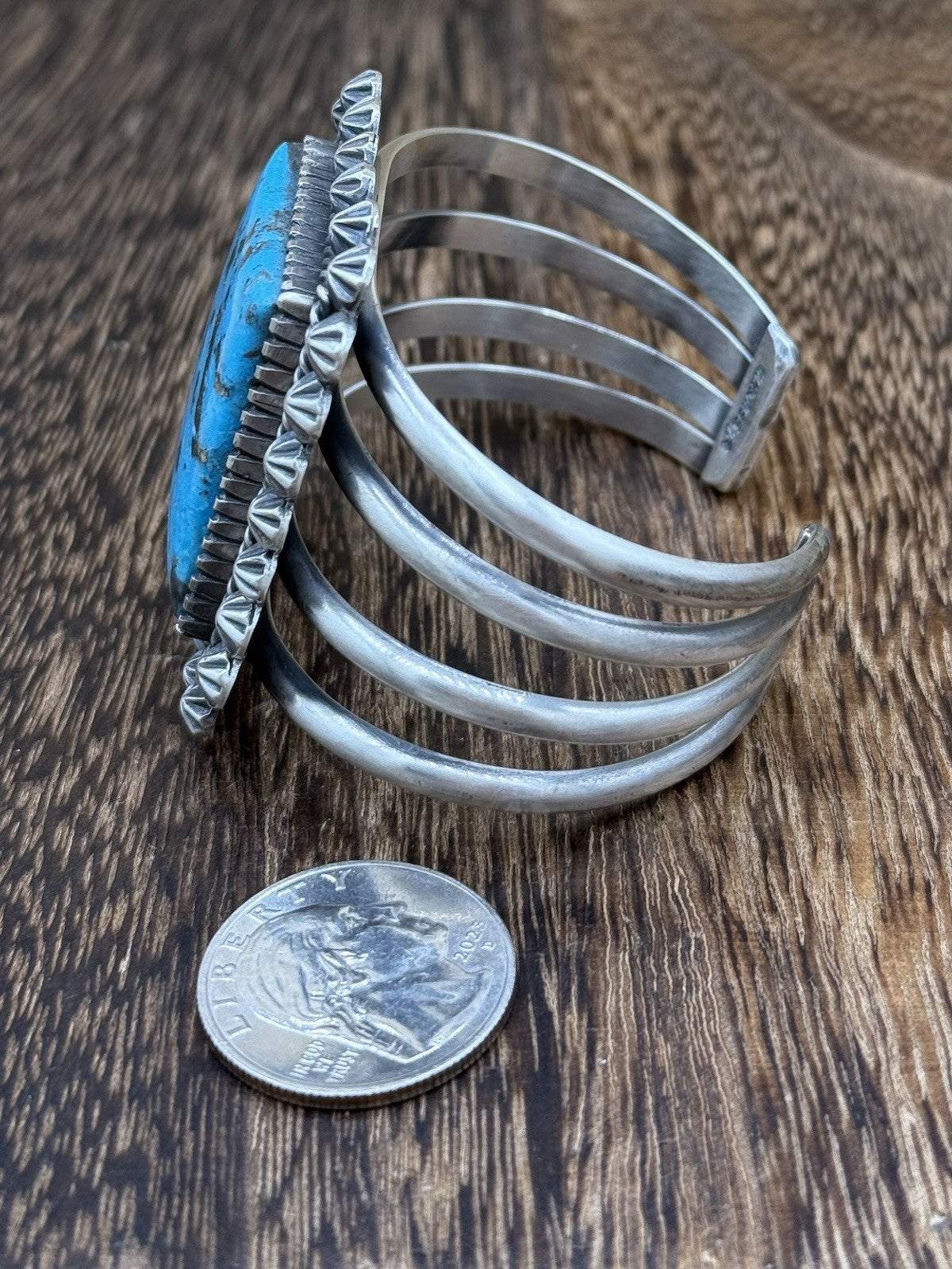 Native Navajo Handmade Sterling Silver Morenci Turquoise Old Look Cuff Bracelet