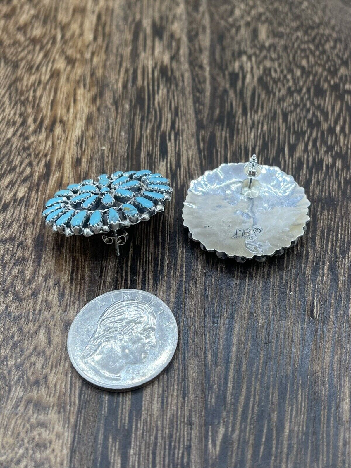 Native American Navajo Handmade Sterling Silver Turquoise Cluster Post earrings