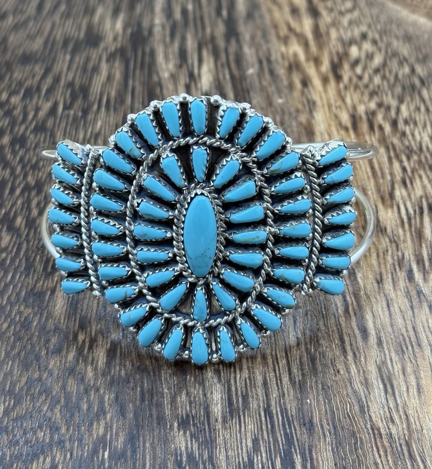 Native American Navajo Handmade Sterling Silver Turquoise Cluster Cuff Bracelet