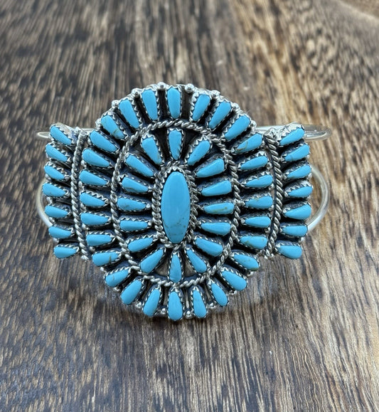 Native American Navajo Handmade Sterling Silver Turquoise Cluster Cuff Bracelet