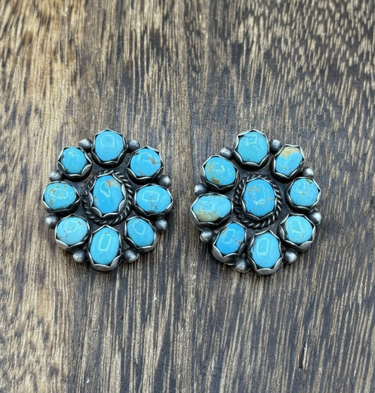 Native Navajo Handmade Sterling Silver Kingman Turquoise Cluster Post Earrings