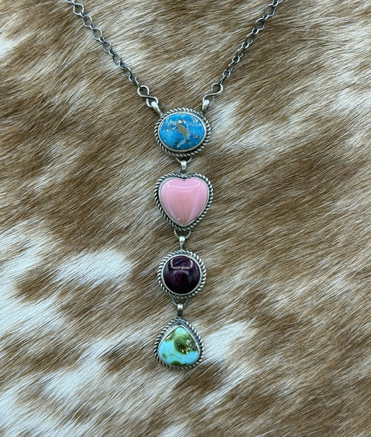 Navajo Handmade Sterling Silver Multi Color Mixed Stone Lariat Necklace 18”