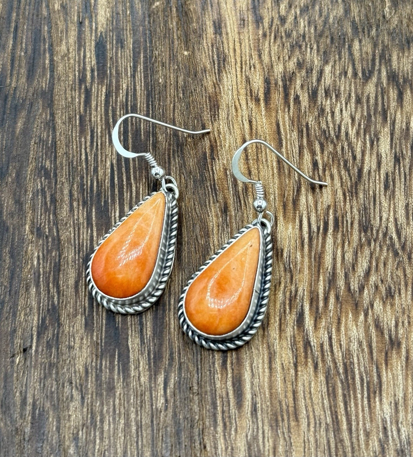 Native Navajo Handmade Sterling Silver Orange Spiny Oyster Shell Dangle Earrings
