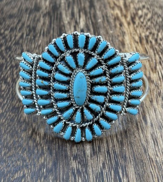 Native American Navajo Handmade Sterling Silver Turquoise Cluster Cuff Bracelet