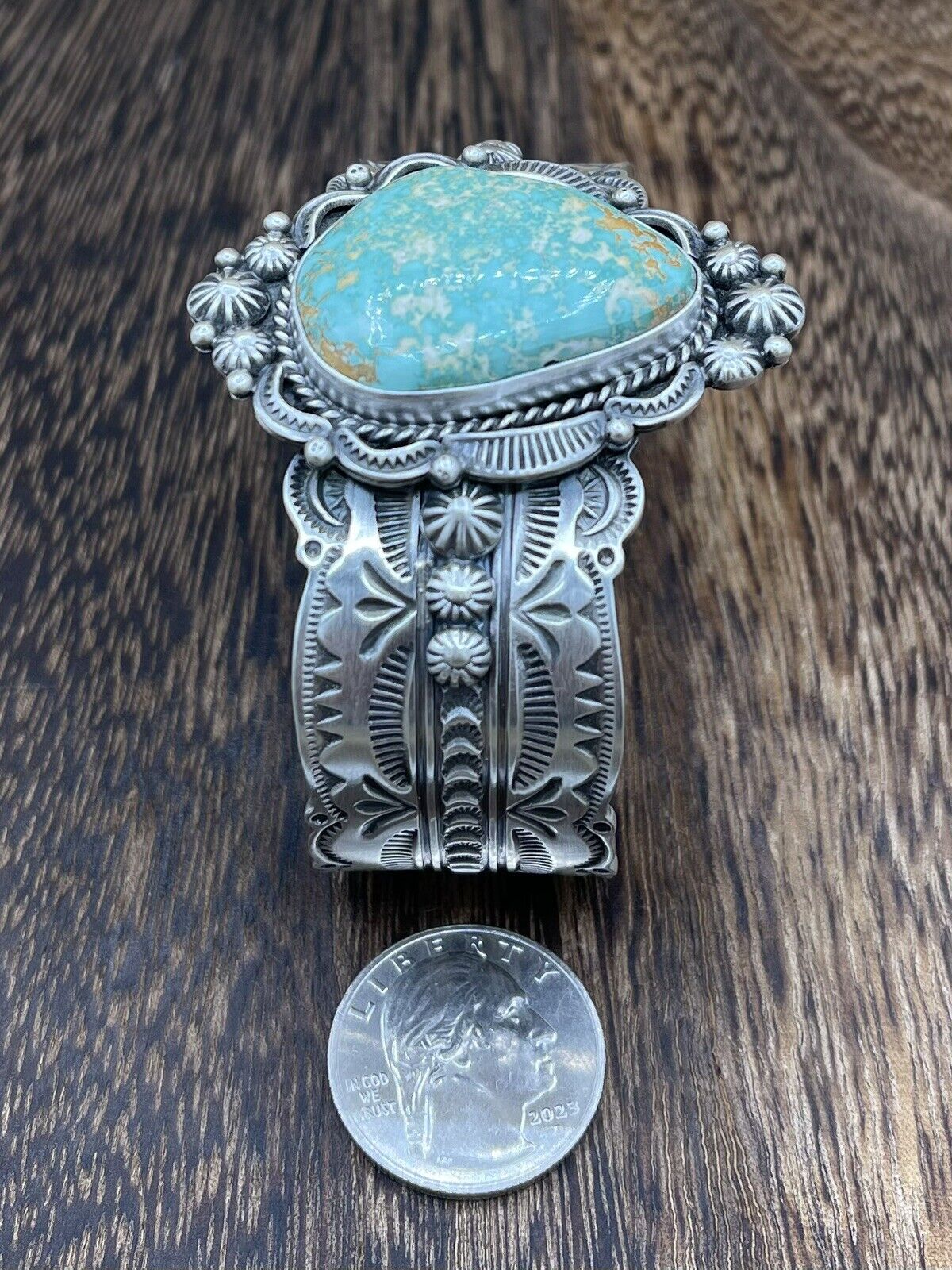 Native American Navajo Handmade Silver Royston Turquoise Cuff Bracelet Bennie R.