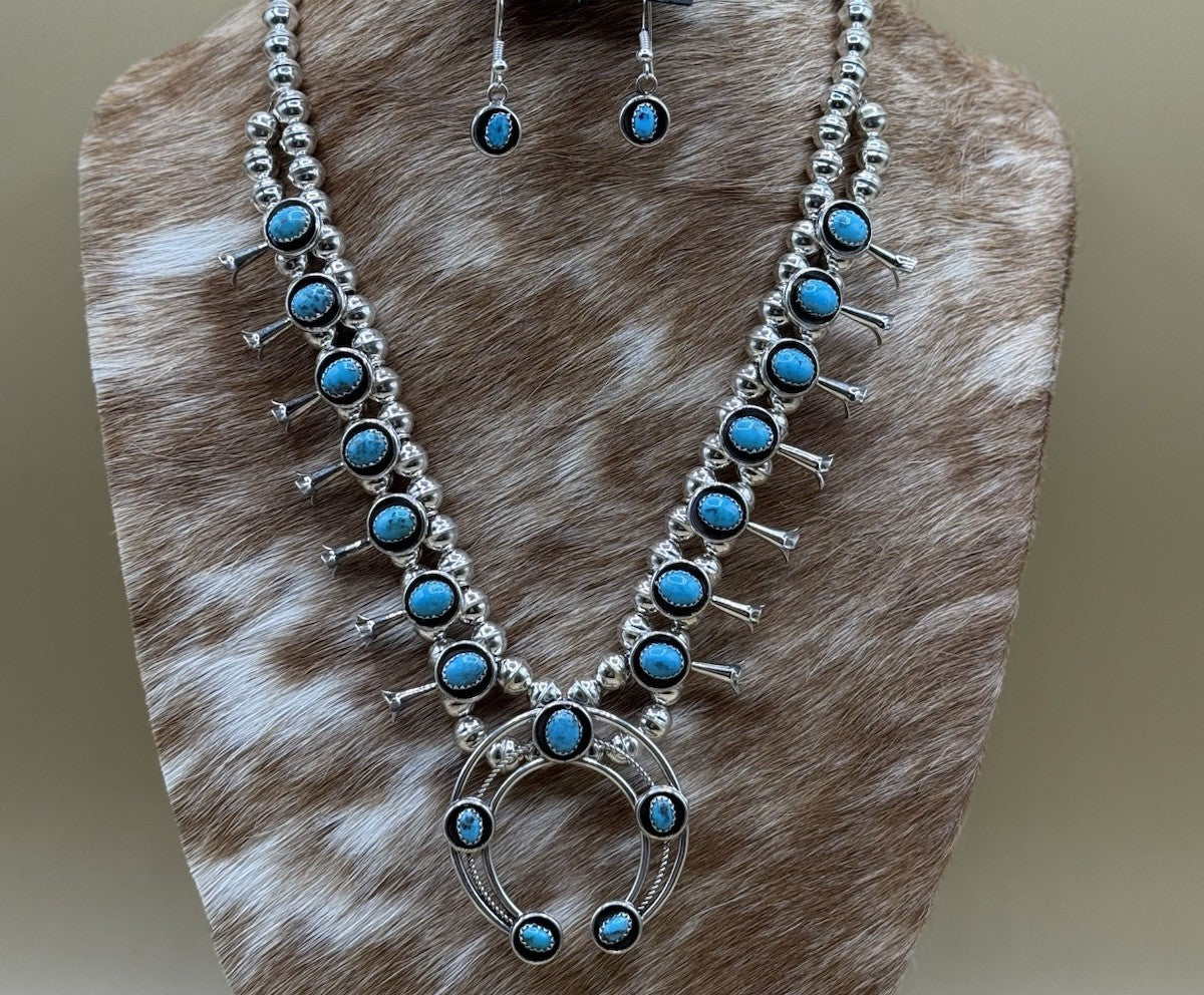 Native American Navajo Handmade Silver Kingman Turquoise Squash Blossom Set 18”