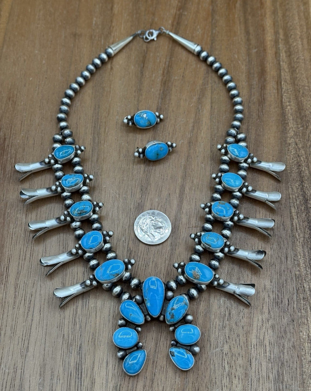 Navajo Handmade Sterling Silver Kingman Turquoise Squash Blossom Necklace 20”