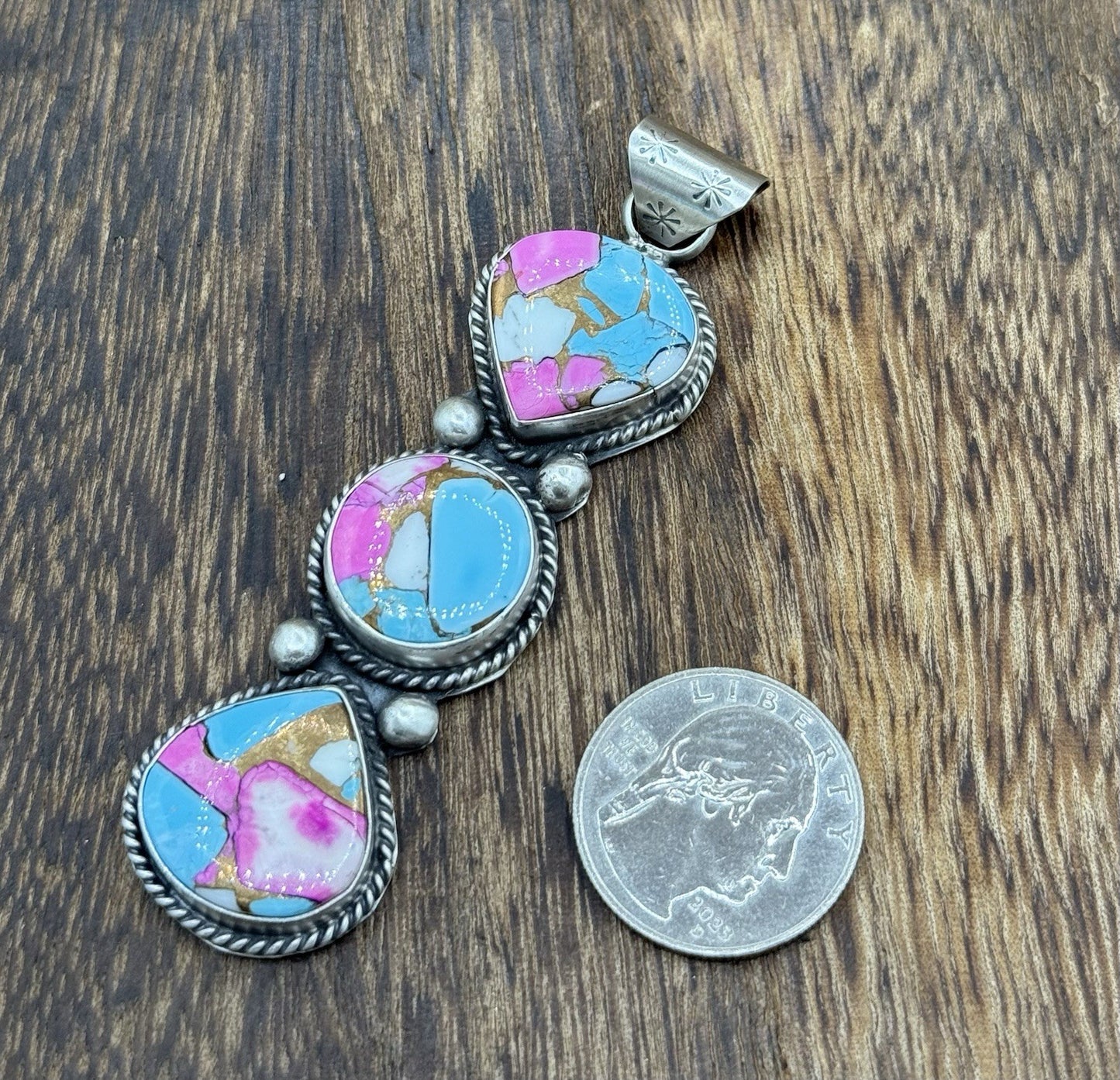 Native Navajo Handmade Sterling Silver Cotton Candy Dahlia Drop Pendant