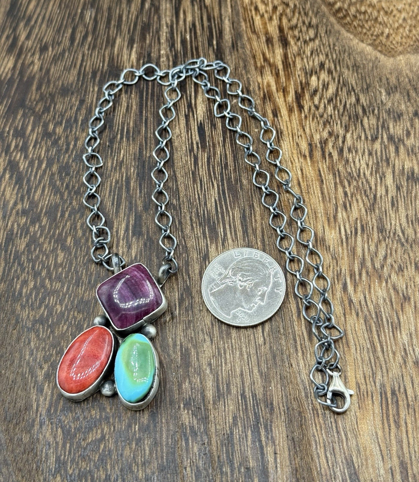 Navajo Handmade Sterling Silver Multi stone Turquoise  Cluster Bar Necklace 18”