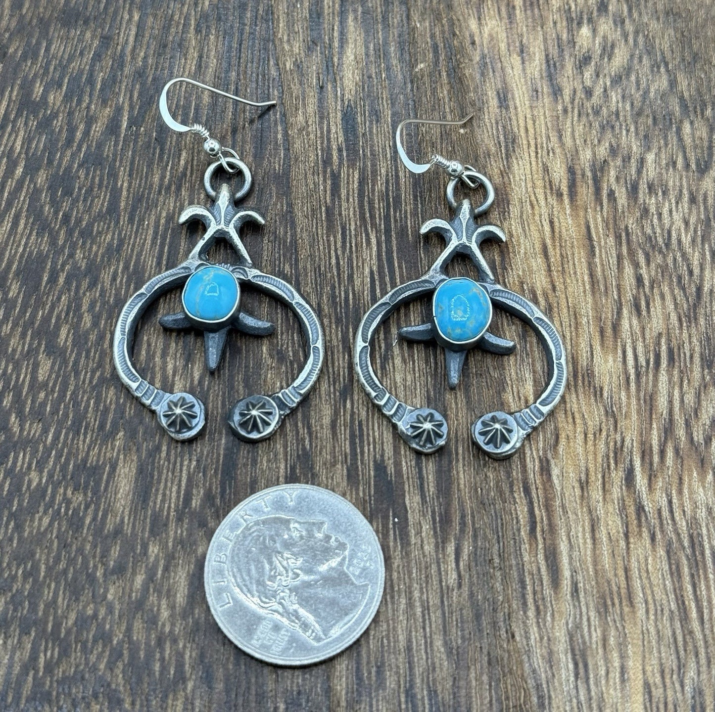 Navajo Handmade Sterling Silver Old Look Kingman Turquoise Earrings Kevin Billah