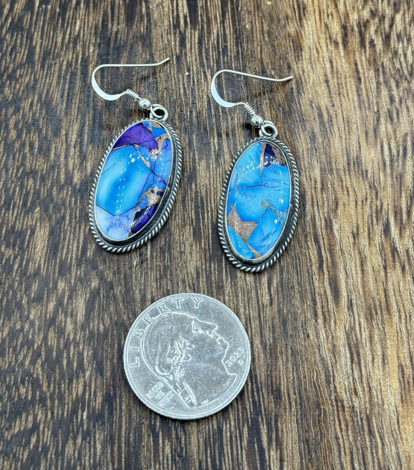 Navajo Handmade Sterling Silver Violet Rose & Blue Dahlia Dangle Drop Earrings