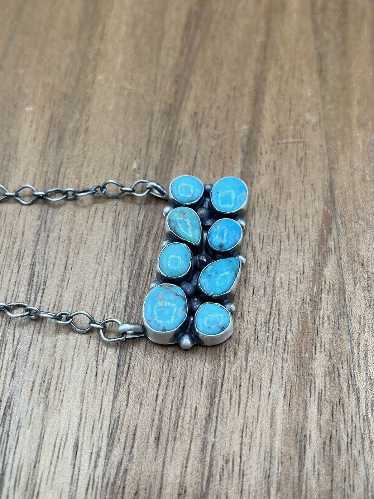 Native American Navajo Handmade Silver Turquoise Cluster Bar Necklace 18