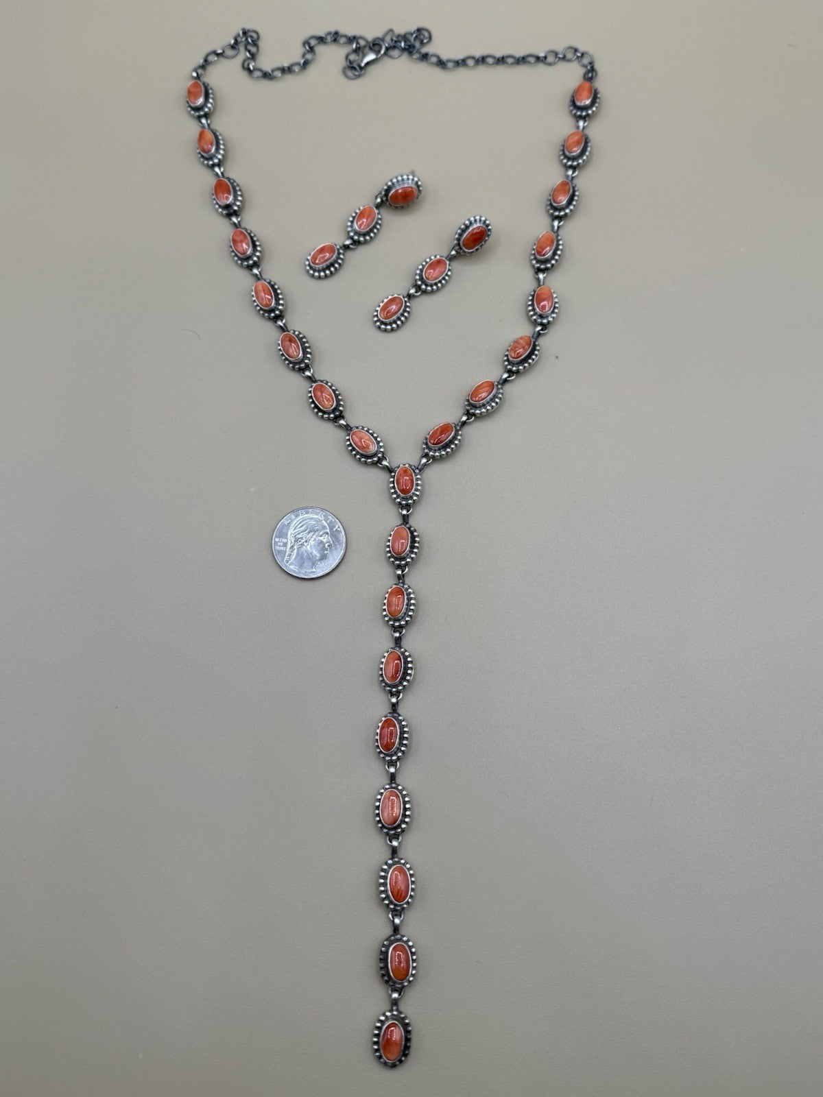 Navajo Handmade Sterling Silver Red Spiny Oyster Lariat Dangle Necklace Long