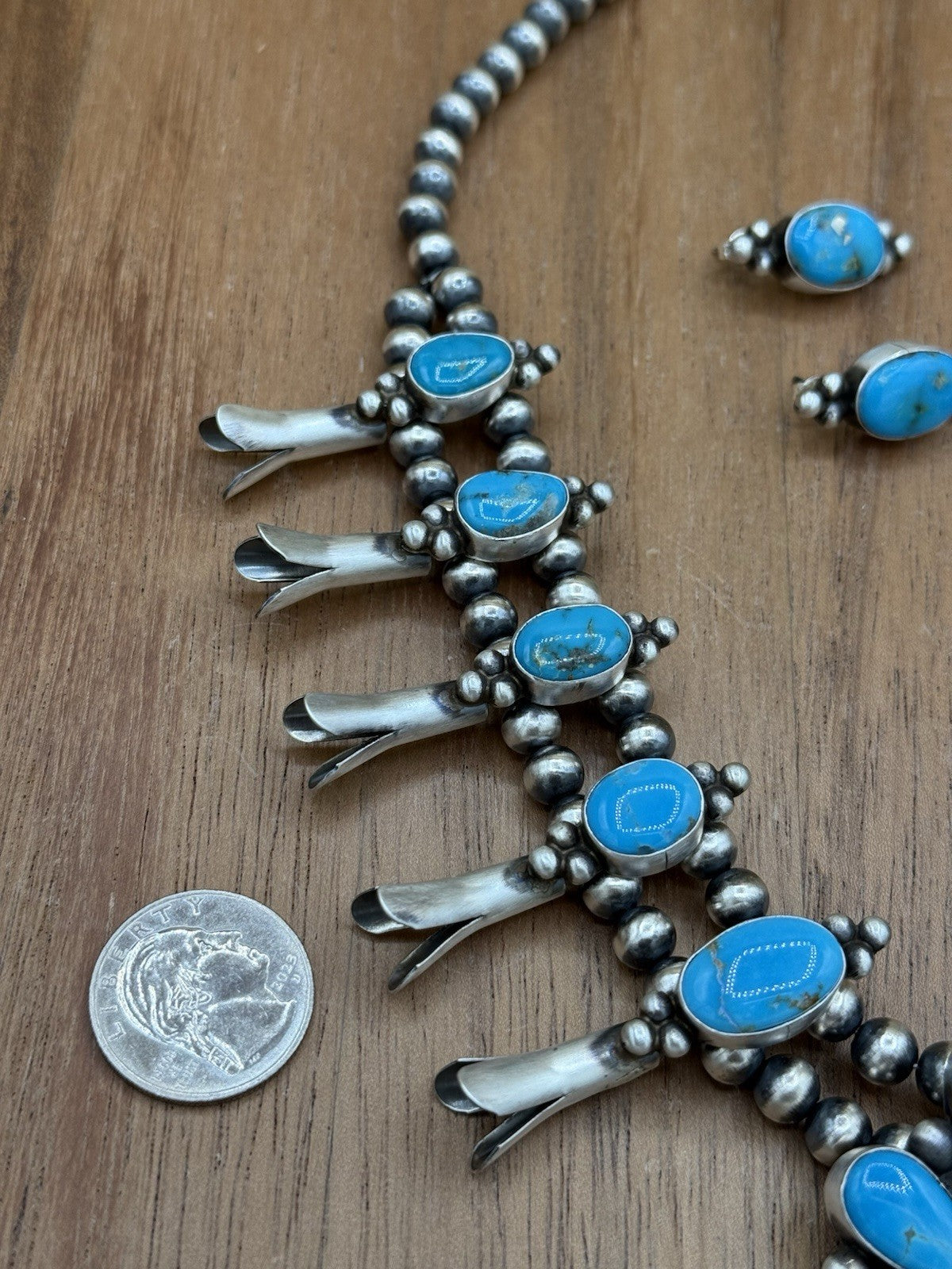 Navajo Handmade Sterling Silver Kingman Turquoise Squash Blossom Necklace 20”