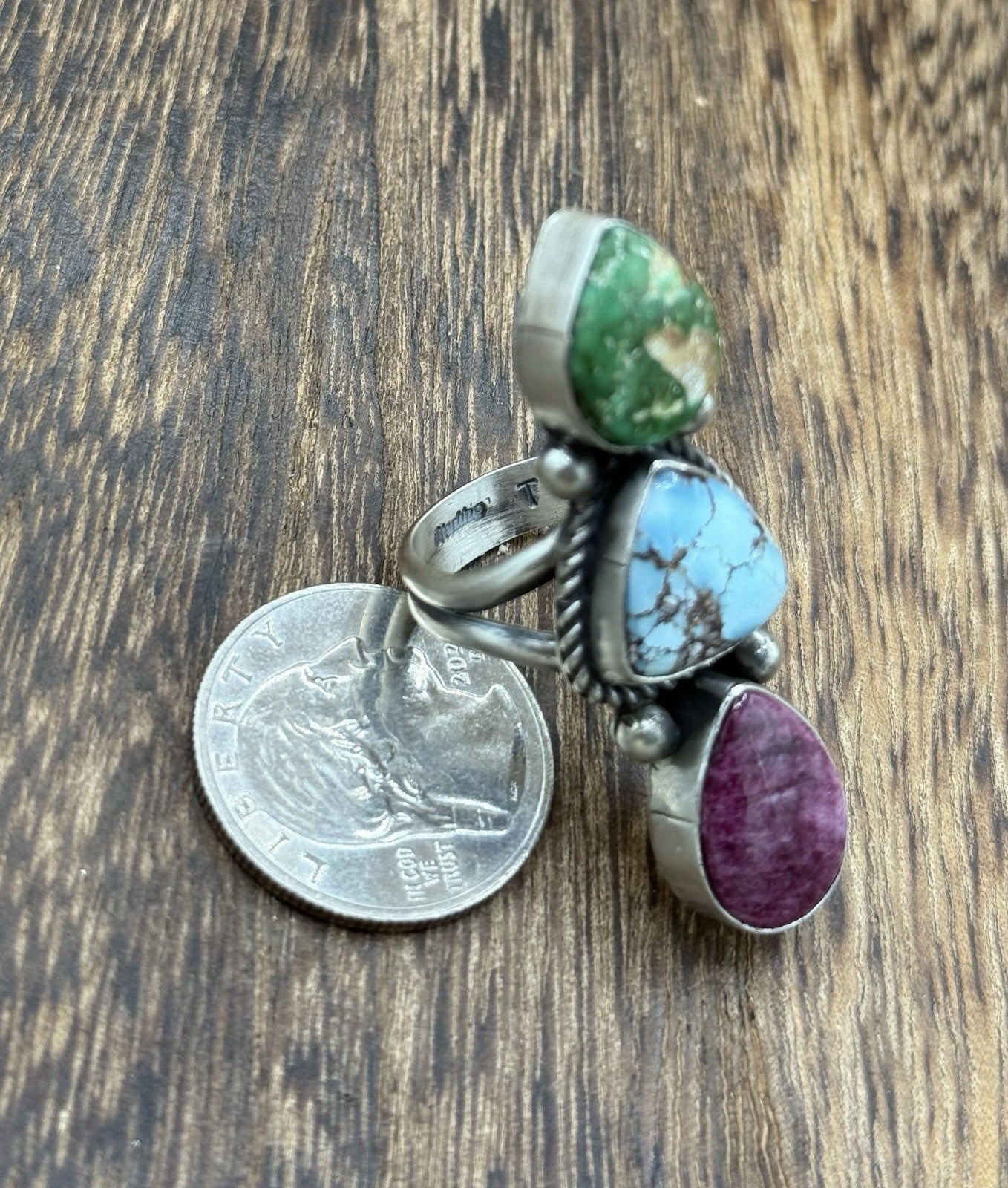 Native Navajo Handmade Sterling Silver Mixed Stone Turquoise Cluster Ring Size 9