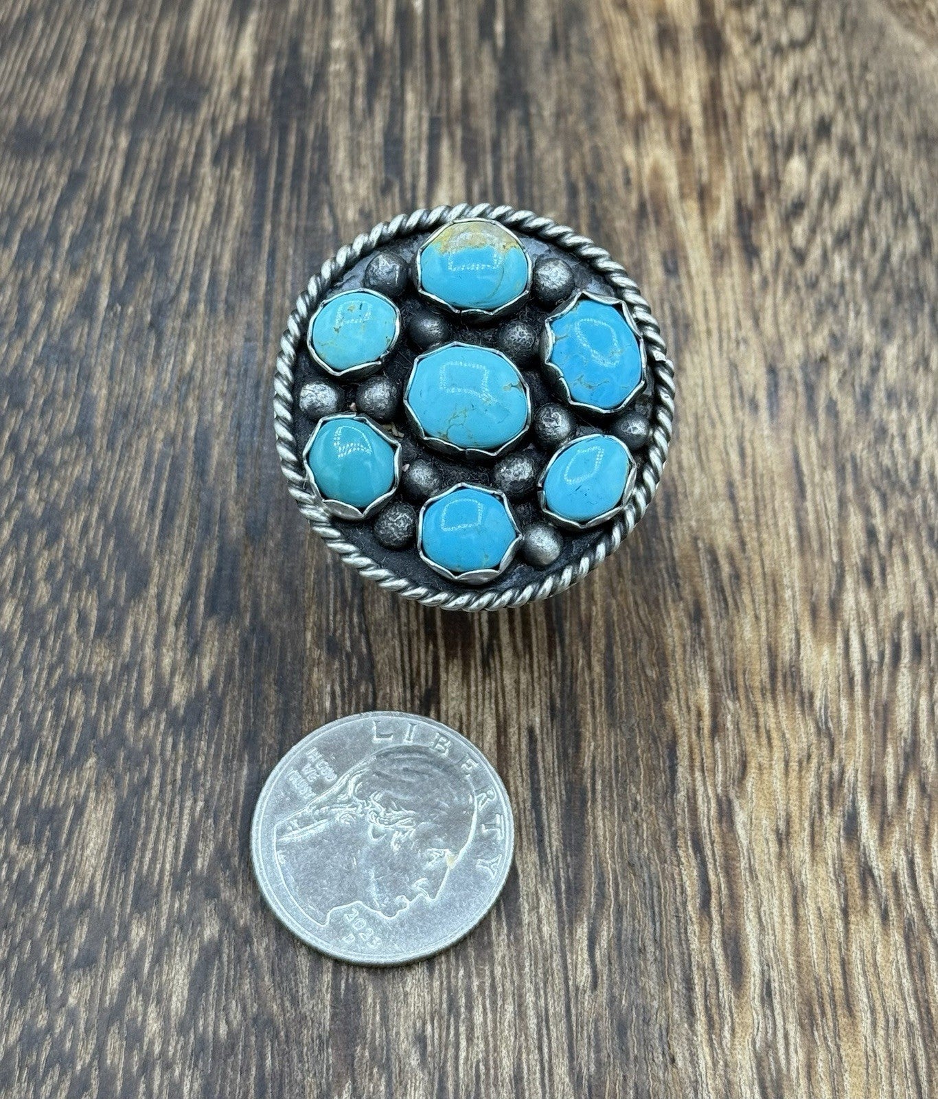Navajo Handmade Sterling Silver Kingman Turquoise Adjustable Ring Size 7 To 9